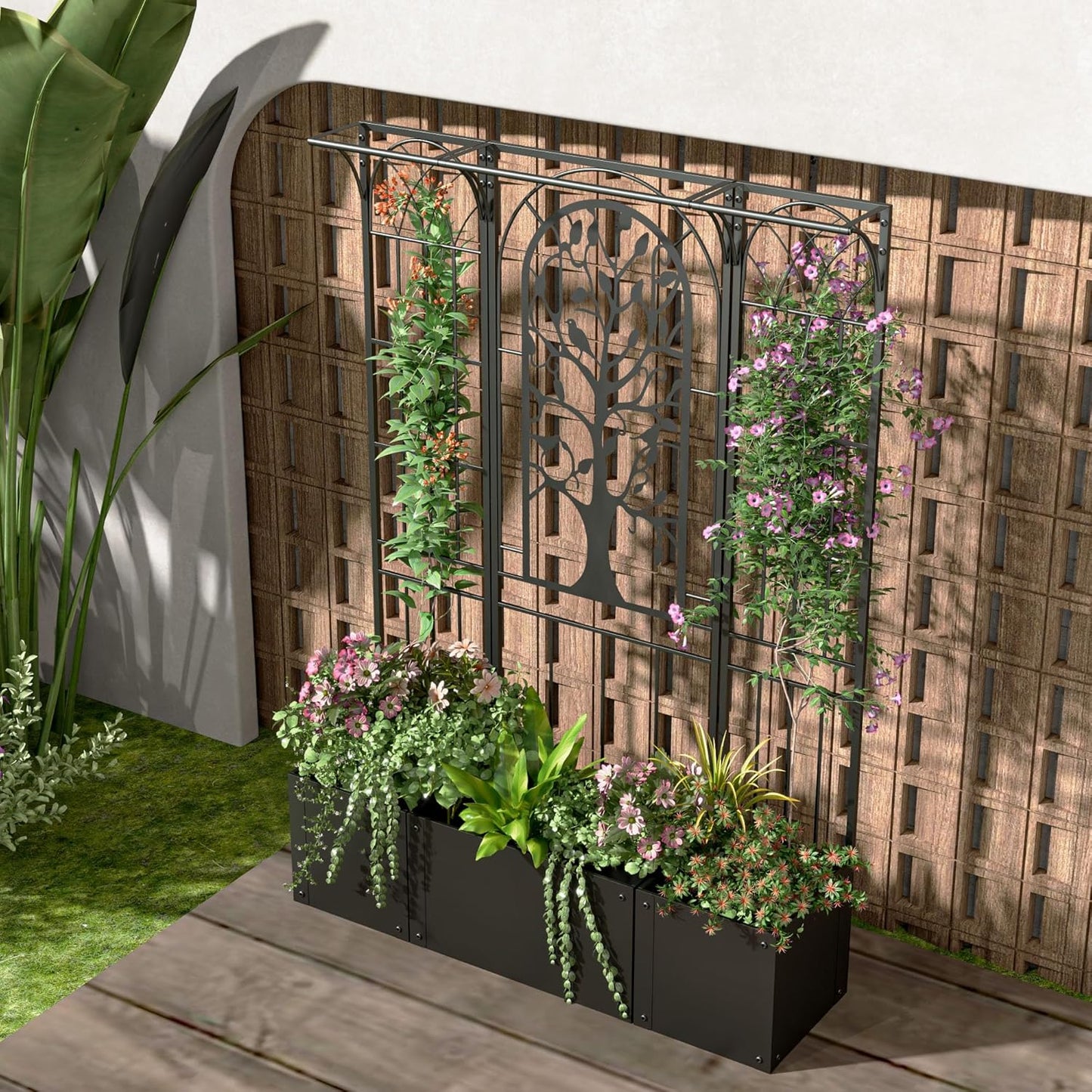 Metal Planter Box with Trellis, Outdoor Raised Garden Bed with Privacy Screen, Trellis Planter Boxes for Climbing Plants, Vines, Vegetables, Flowers, 62 Inch Tall, Patio Decor (Black)