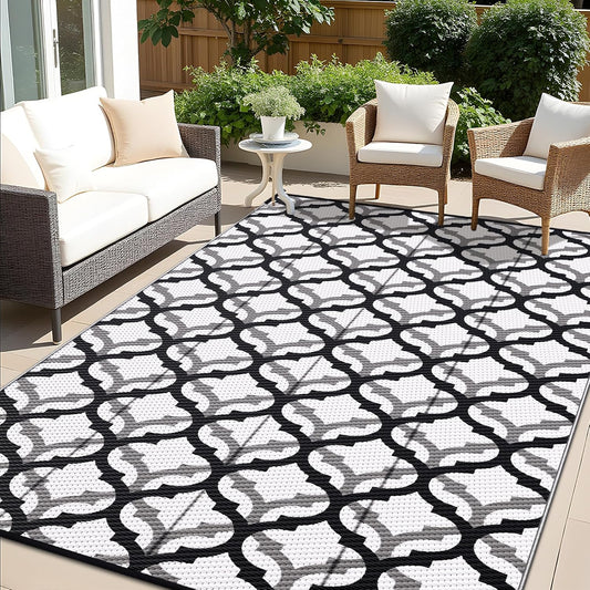 OLANLY Reversible Outdoor Rug 6x9 ft Clearance, Waterproof Outdoor Plastic Straw Rug with Interlacing Pattern, RV Mat for Patio, Camping, Balcony, Deck, Backyard, Black & White