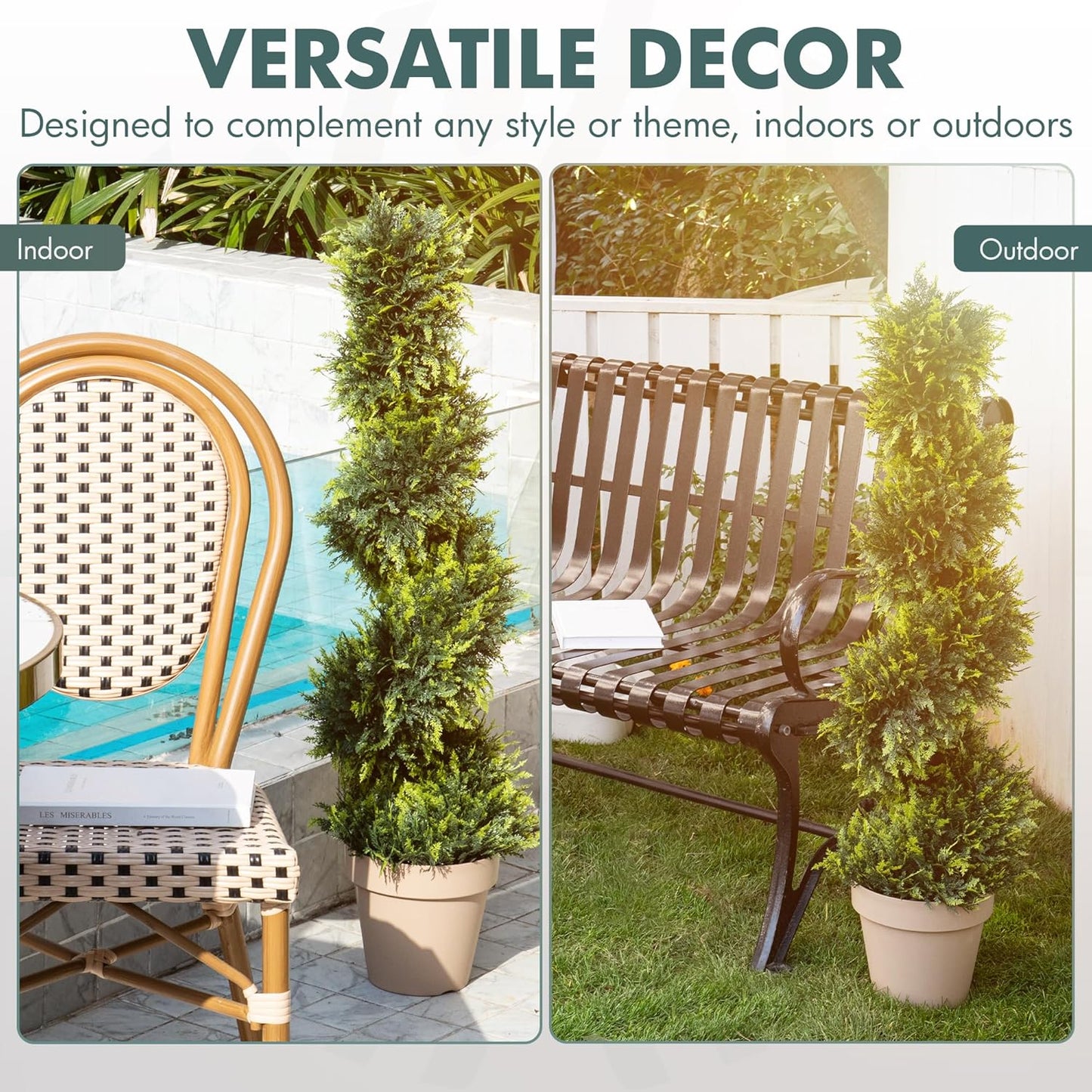 2-Pack Faux Cedar Spiral Topiary Trees - 3.2ft Tall - Planter Included - Artificial Trees for Indoor or Outdoor - Realistic Design with Dense Green Foliage - UV-Protected & Weather-Resistant Plants