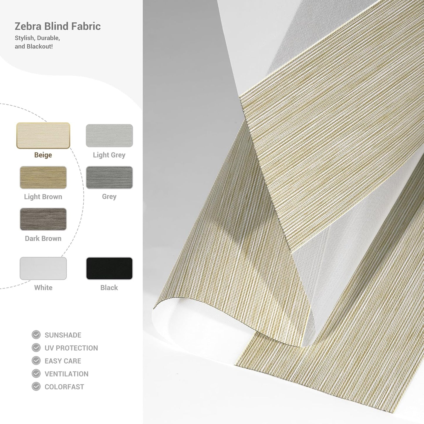 Cordless Zebra Blinds for Windows, Blackout Interior Blinds,Easy to Install,UV Protection,for Offices and Home,Custom Roller Shades, Mousse Beige,52" W x 64" H