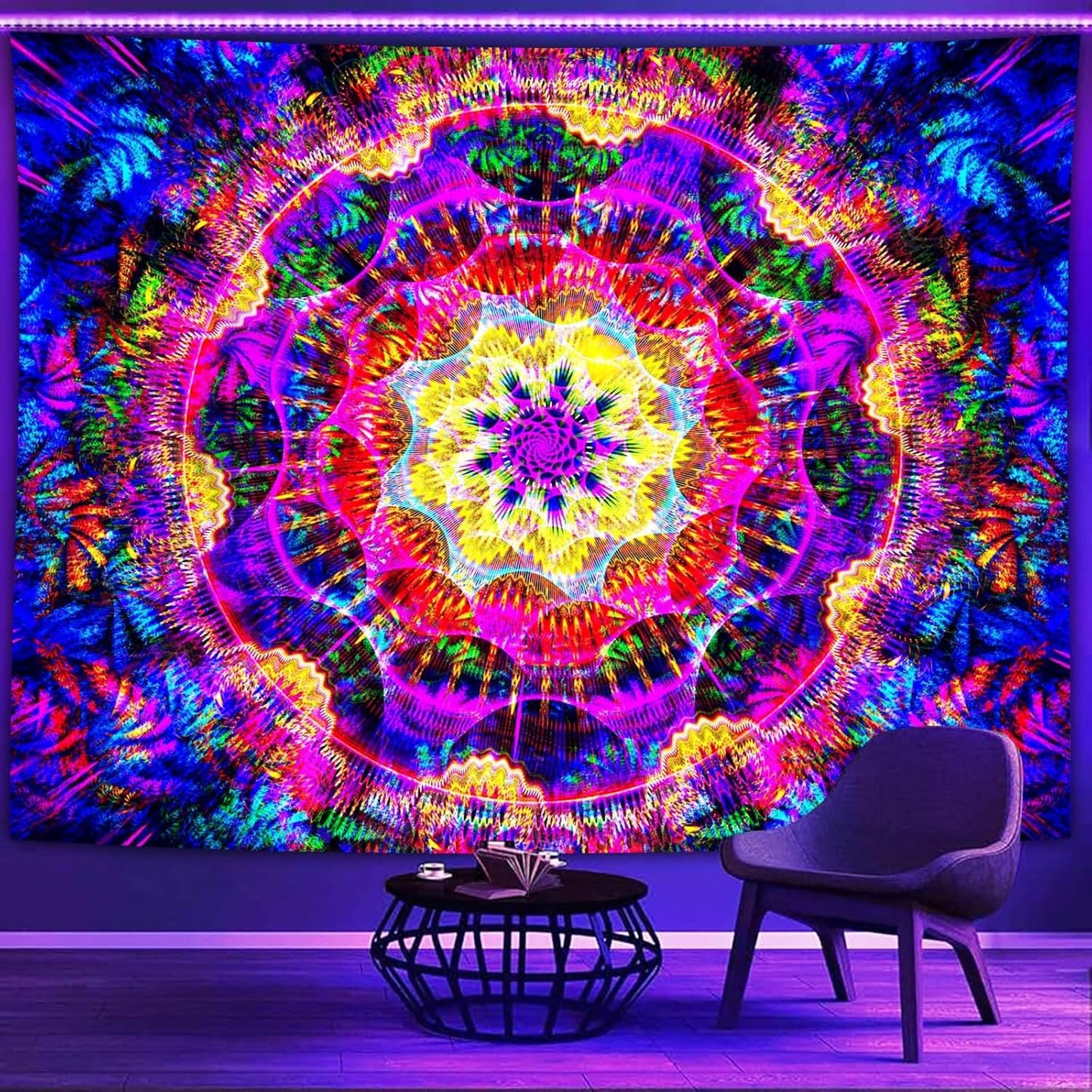 PSYHILAR Blacklight Mandala Tapestry for Bedroom, Psychedelic Black Light Posters for Adults and Teens, Colorful UV Reactive Aesthetic Bohemian Art Wall Hanging Decor (40 x 30 Inches)