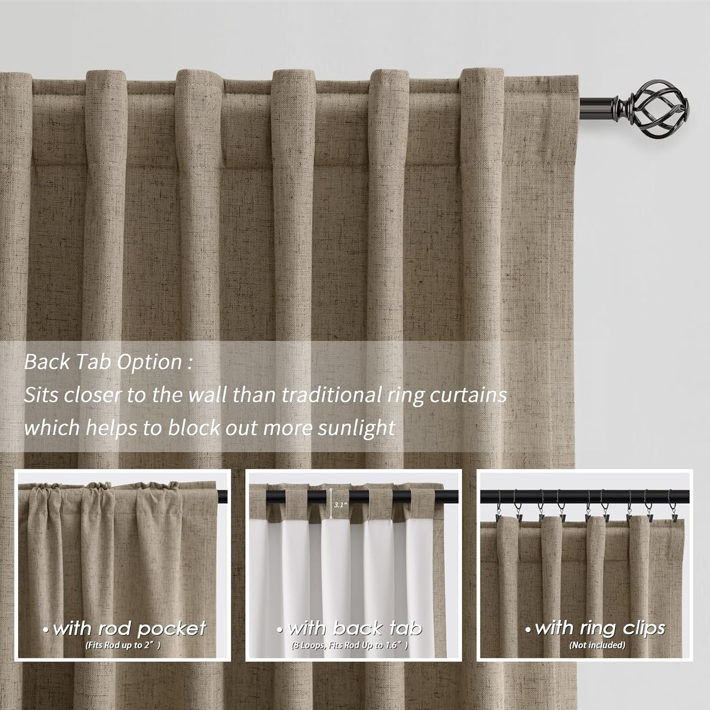 BOODII 63 Inch Blackout Curtains Linen Black Out Curtains for Bedroom 2 Panels Set Neutral Room Darkening Curtain Matcha Brown Thermal Insulated Curtain for Nursery Window Drapes Back Tab 52x63