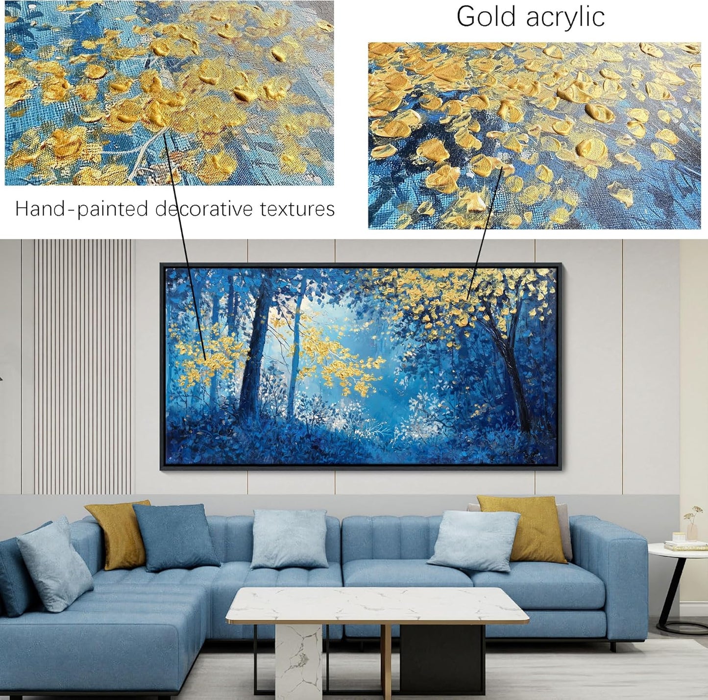 Blue and Gold Canvas Wall Art - Forest Bedroom Wall Art - Tree Wall Pictures for Living Room, Office, or Bedroom - Nature Landscape Canvas Decor Framed Painting 29×58IN