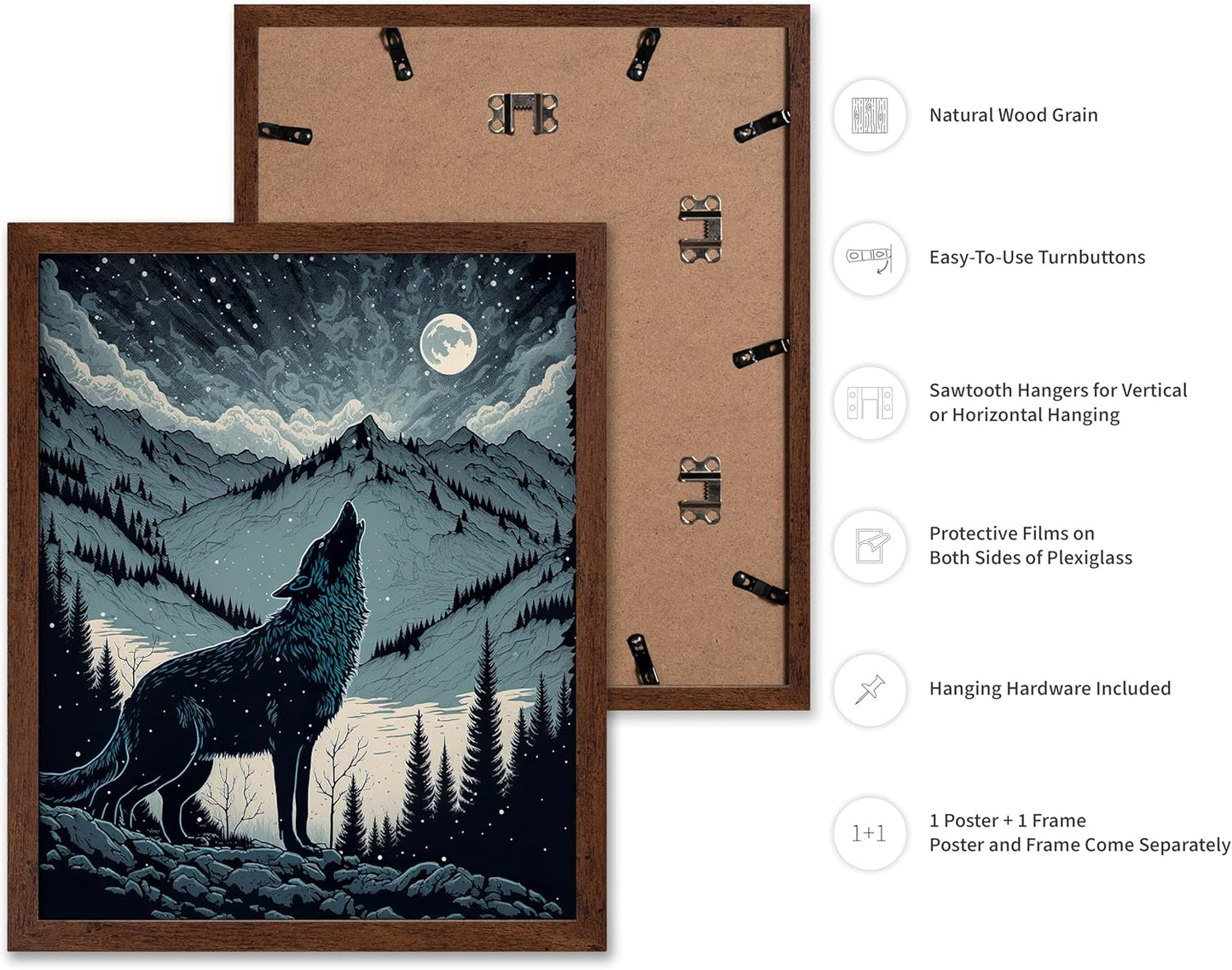 Poster Master Vintage Illustration Poster - Retro Animal Print - Gift for Artist, Friend - Wolf Howling at the Moon, Mountain, Snow, Landscape - Wall Decor for Home, Office, 16x20 Brown Framed