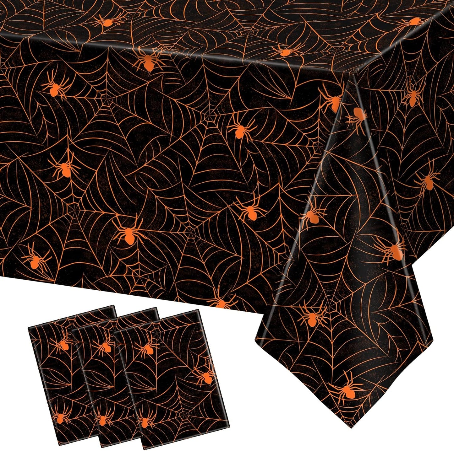 TREWAVE 3 Pack Halloween Spiderweb Tablecloth Rectangular Plastic Spider Web Table Cloth Large Size Table Covers for Home Decor Halloween Party Decorations 54" x 108" (Orange Spider)