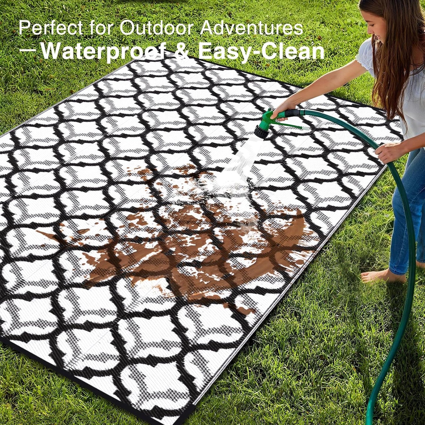 OLANLY Reversible Outdoor Rug 6x9 ft Clearance, Waterproof Outdoor Plastic Straw Rug with Interlacing Pattern, RV Mat for Patio, Camping, Balcony, Deck, Backyard, Black & White