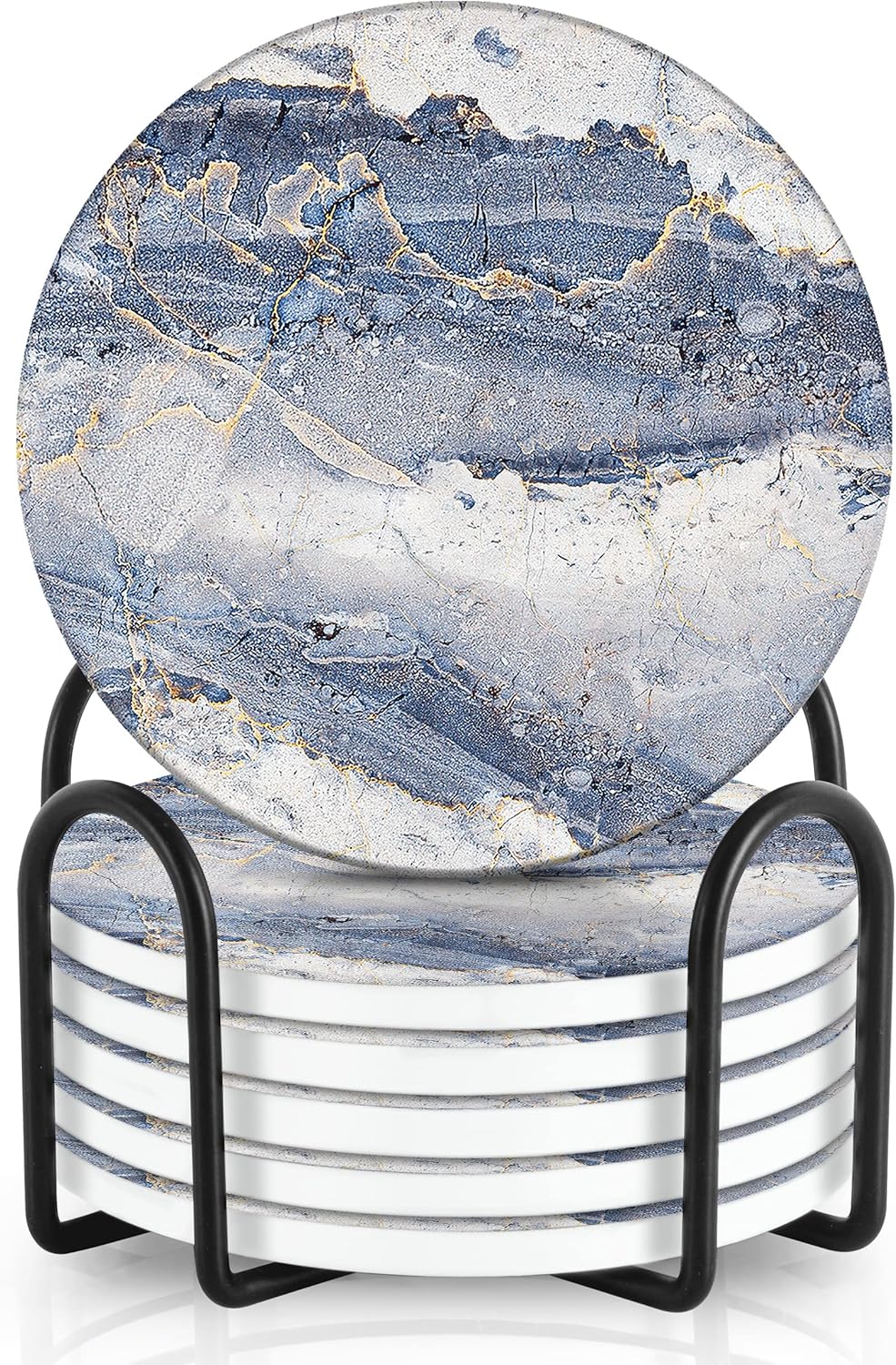 Emerson Essentials Coasters for Drinks Absorbent with Holder, Set of 6, Cork Bottom Ceramic Stone Marble Style for Wooden Coffee Bar Tables, Glass Tabletop Non Slip, Natural Stone