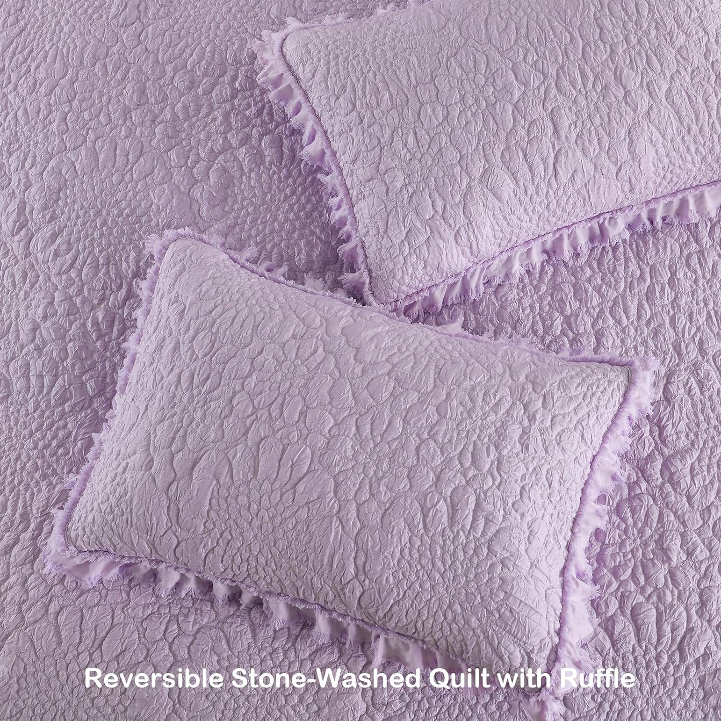 HORIMOTE HOME Lavender Ruffled Quilt King Size, Stone-Washed Microfiber Lightweight Crinkled Farmhouse Rustic Shabby Chic Bedding Set, 3 Pieces Reversible Bedspread with Pillow Shams for All Season