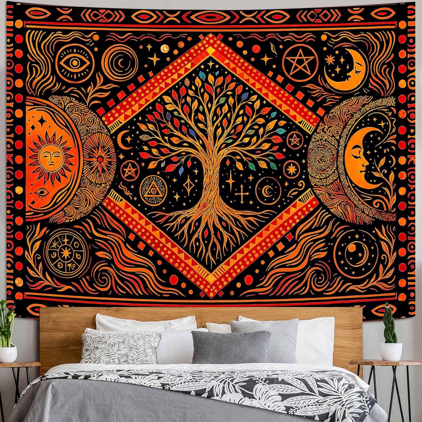 Lunerfex Tree of Life Sun Moon Stars Wall Tapestry, Cosmic Harmony Symbol Tapestries for Home Decor, Mystical Tapestry 80x60 Inch
