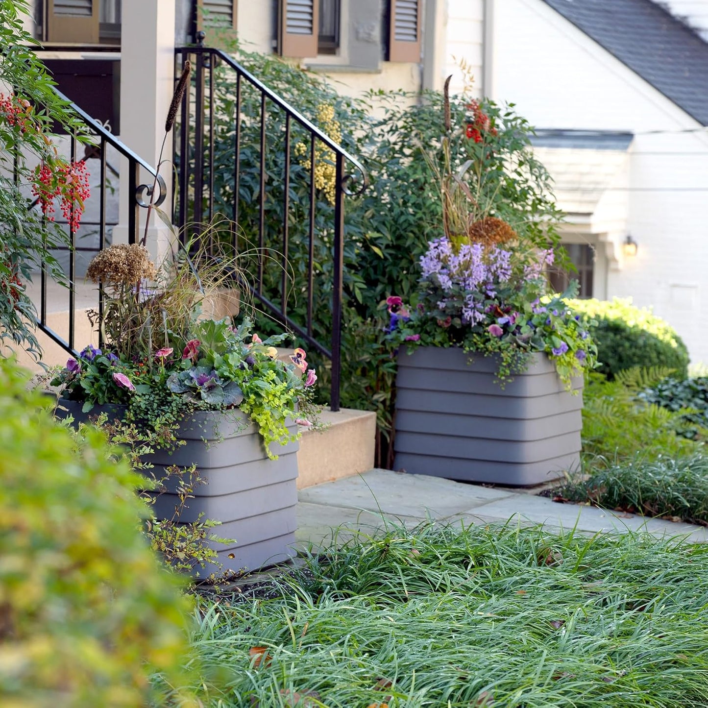 Crescent Garden Slat Medium Rectangular Planter Box for All-Weather - Self-Watering Outdoor Deck Box Planter for Flowers and Herbs (Parchment, 22")