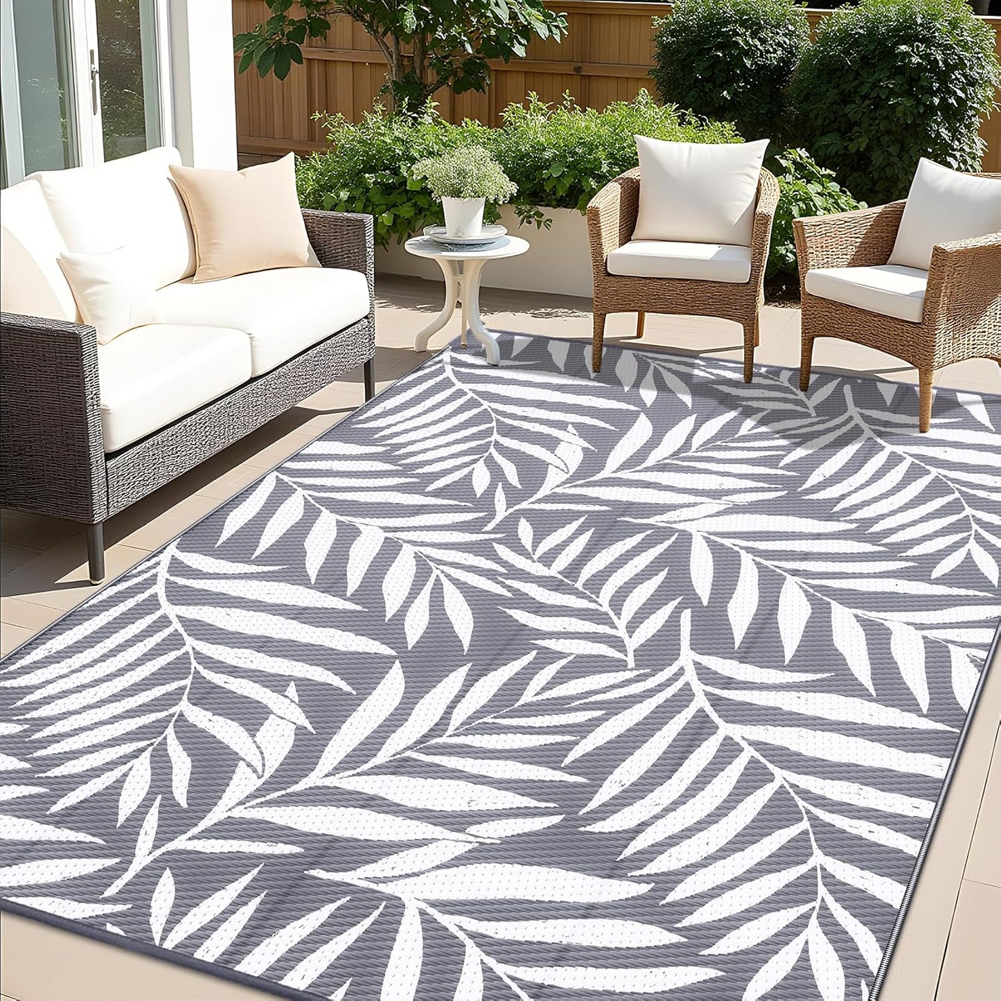 OLANLY Waterproof Outdoor Rug 6x9 ft, Reversible Outdoor Plastic Straw Rug with Leaf Pattern, RV Mat, Indoor Outdoor Carpet for Patio, Camping, Balcony, Deck, Backyard, Grey & White