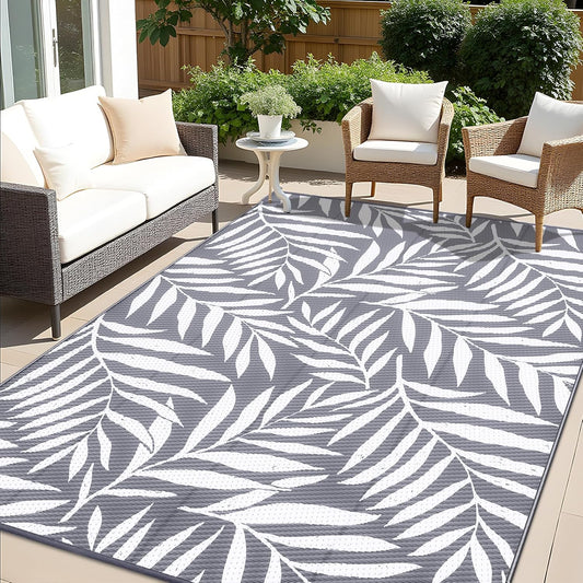 OLANLY Waterproof Outdoor Rug 9x12 ft, Reversible Outdoor Plastic Straw Rug with Leaf Pattern, RV Mat, Indoor Outdoor Carpet for Patio, Camping, Balcony, Deck, Backyard, Grey & White