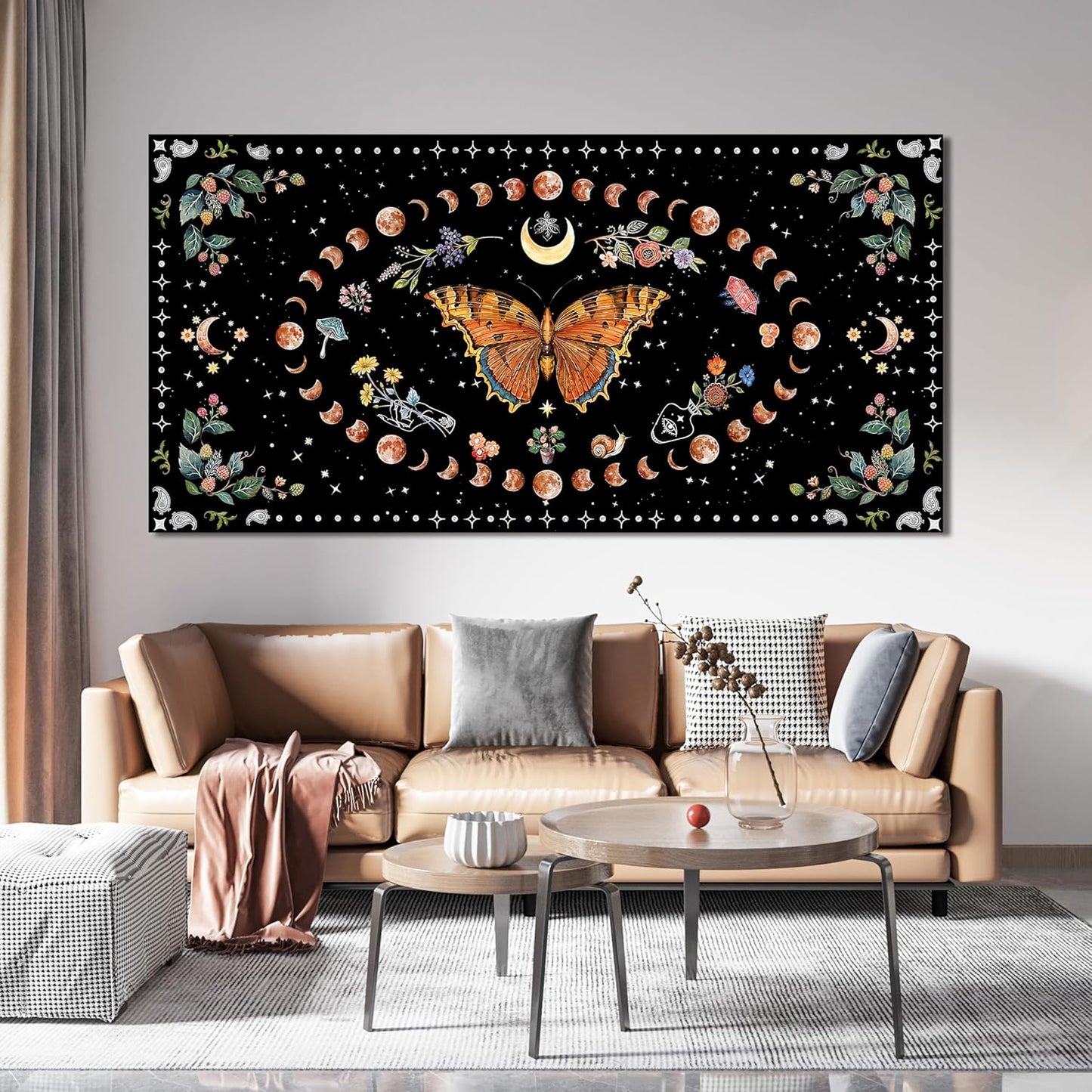 Large Canvas Wall Art Boho Wall art Decor Canvas Art Wall Decor Pictures for Living Room Vintage Butterfly Wall Art Decorations Large Artwork for Walls Moon Flower Home Office Wall Decor 29"X58"