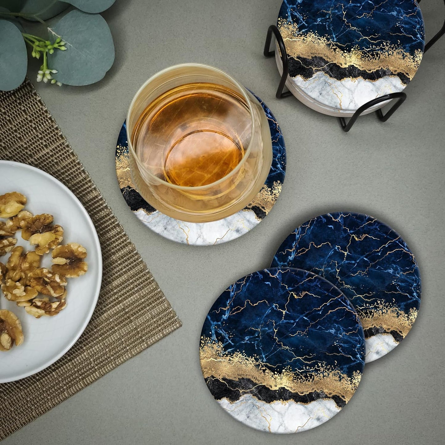 Emerson Coasters for Drinks Absorbent Set of 6 with Holder – Marble Style Coasters – Coasters for Drinks – Drink Coasters for Coffee Table – 100% Ceramic Stone Non Slip – Heavy Duty (Ripple)