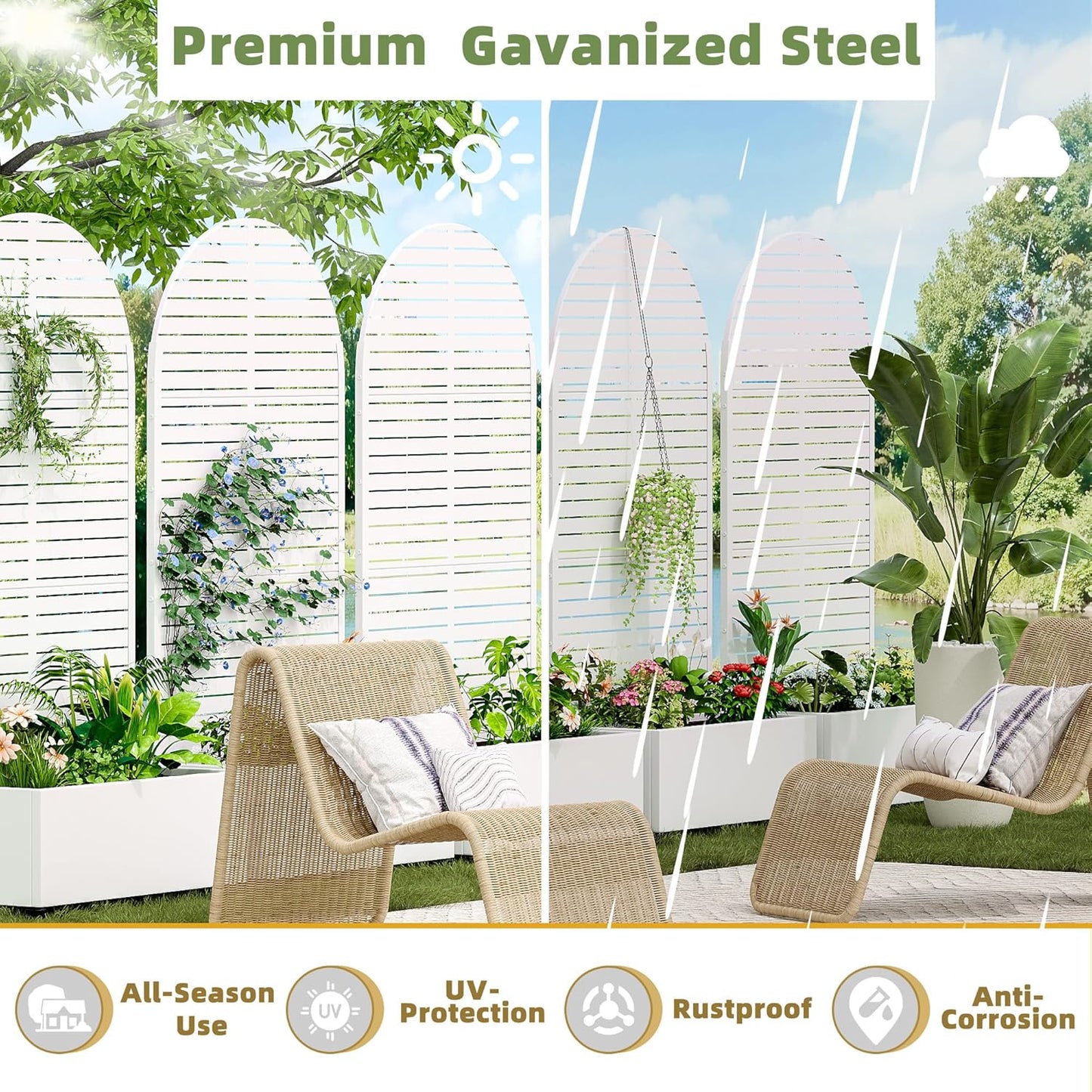 Casaphoria Metal Raised Garden Bed with Trellis and Wheels, 72"x35"x16" Arched Planter Box for Climbing Plants, Vegetables & Vines, Features Drainage Holes and Privacy Screen (White-Louvered)