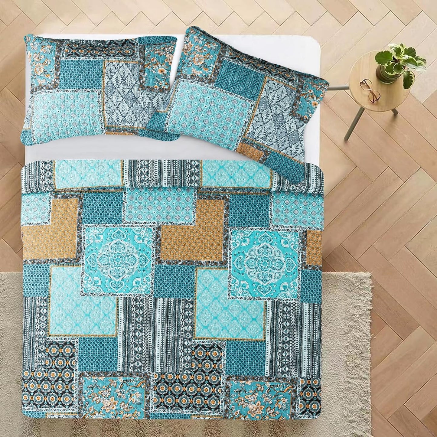 VAPUTAR King Size Quilt Bedding Set - Soft Cotton King Size Bedspreads (98 * 106 in) - Lightweight Patchwork Floral Quilts for Farmhouse Bedroom (Teal/Green Chic, 3 Pieces)