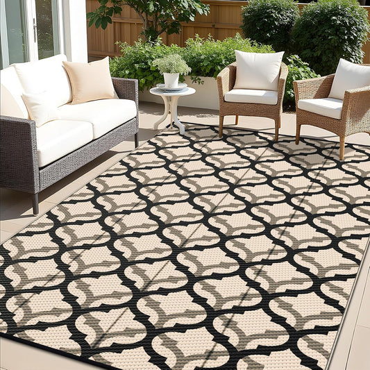 OLANLY Reversible Outdoor Rug 9x12 ft Clearance, Waterproof Outdoor Plastic Straw Rug with Interlacing Pattern, RV Mat for Patio, Camping, Balcony, Deck, Backyard, Black & Beige