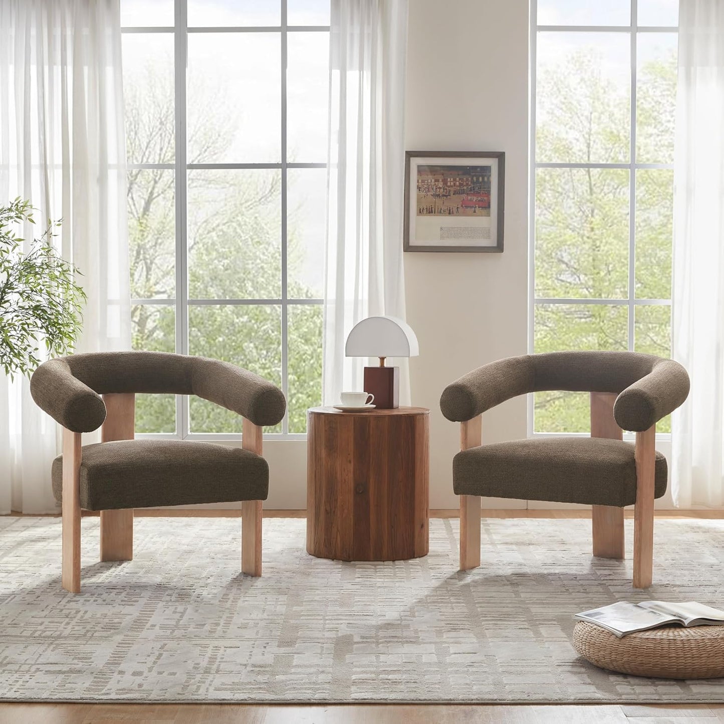 VKNOW Accent Chair Living Room Chair, Modern Upholstered Armchair with Solid Wood Legs, Comfy Barrel Arm Chairs for Living Room Bedroom, Brown