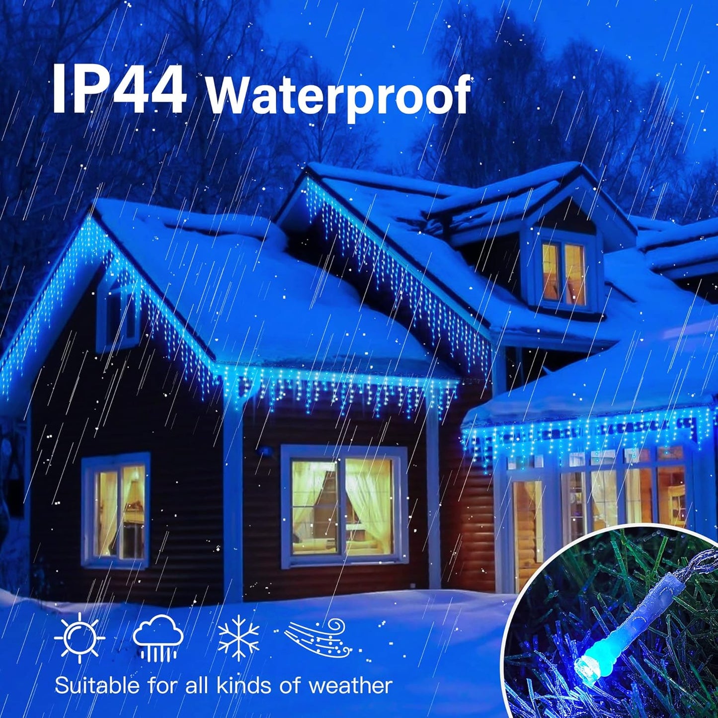Hopolon 33FT 360L LED Christmas Icicle Lights Outdoor Waterproof,8 Modes Plug in Curtain String LIghts With 60 Drops,Christmas Lights for Wedding,Party,Bedroom,Home,Garden,Wall Decorations(Blue White)