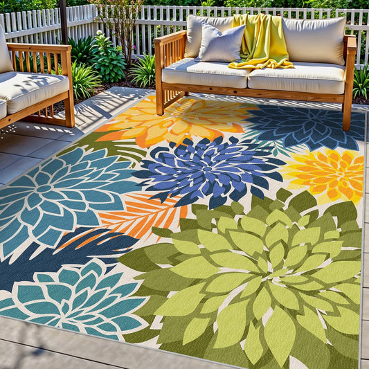 Indoor Outdoor Area Rug Washable Multicolored Patio Rug Tropical Botanical Modern Floral Indoor Outdoor Carpet Non Slip Yellow Green Rug Non Shedding for Patio, Deck, Backyard, Porch (5x8)