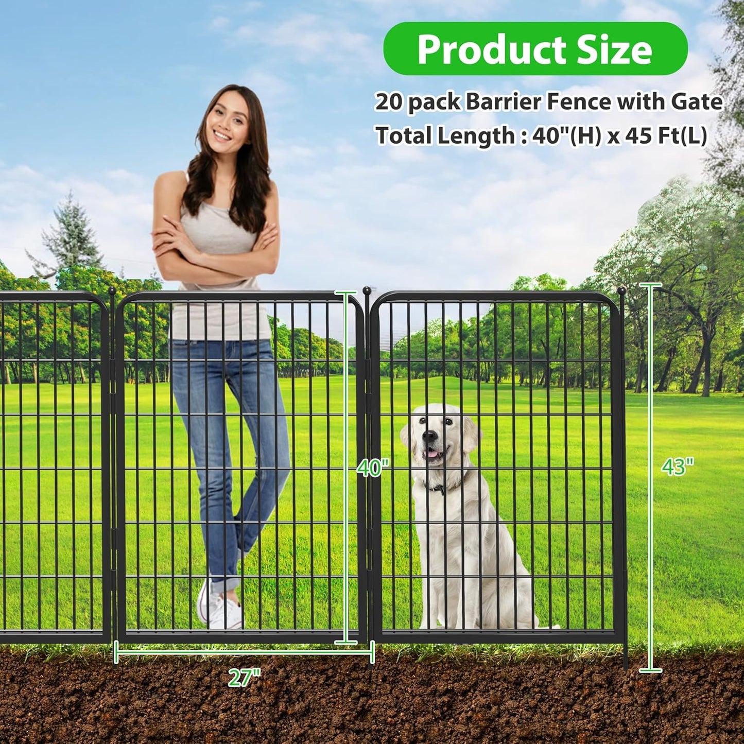 Decorative Black Metal Fencing Garden Fence with Gate, 45ft(L) 40in(H) 20 Fence Panels No Dig Fence Rustproof Animal Barrier Fence Temporary Dog Panels Fencing Outdoor