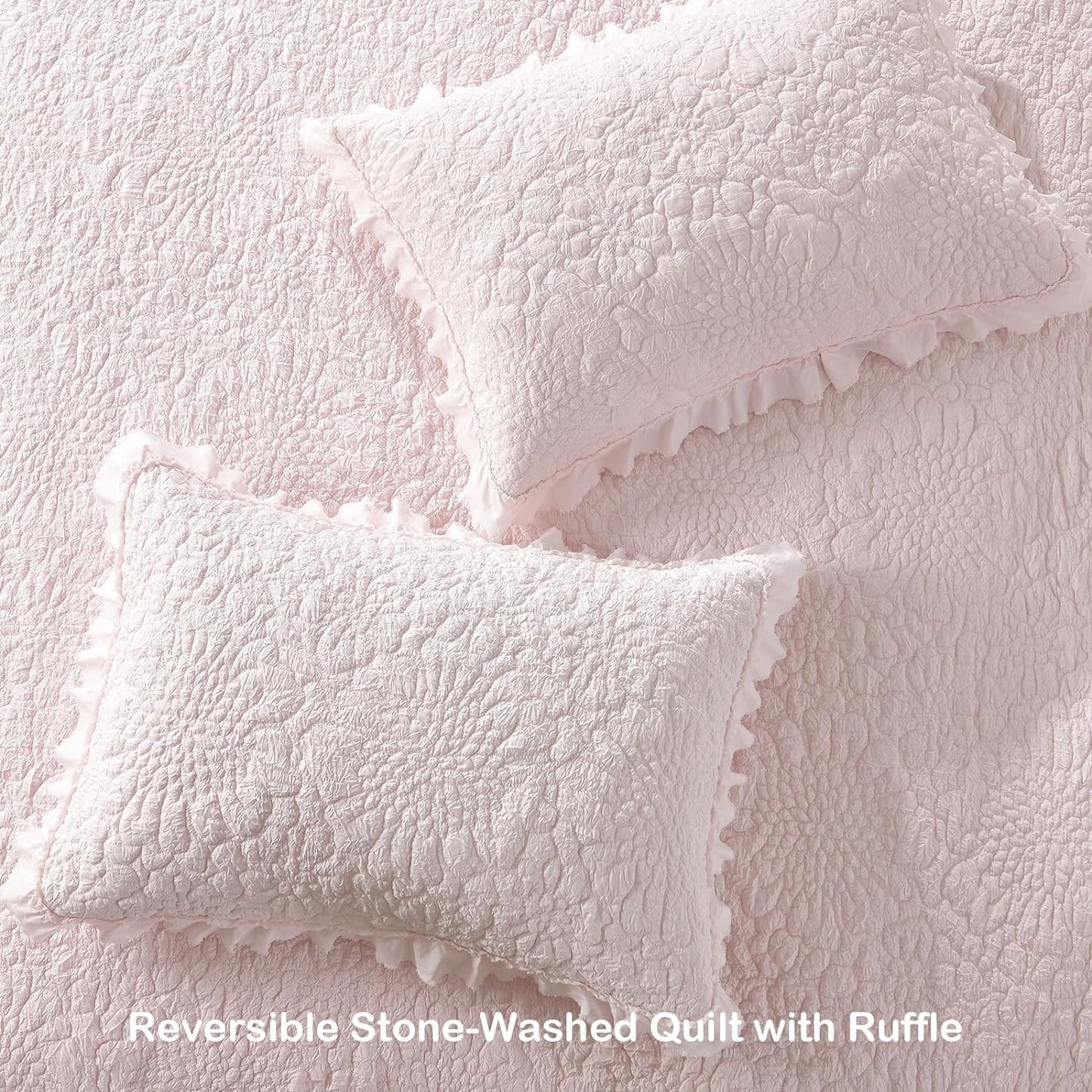 HORIMOTE HOME Pink Ruffled Quilt Queen Size, Stone-Washed Microfiber Lightweight Crinkled Farmhouse Rustic Shabby Chic Bedding Set, 3 Pieces Reversible Bedspread with Pillow Shams for All Season
