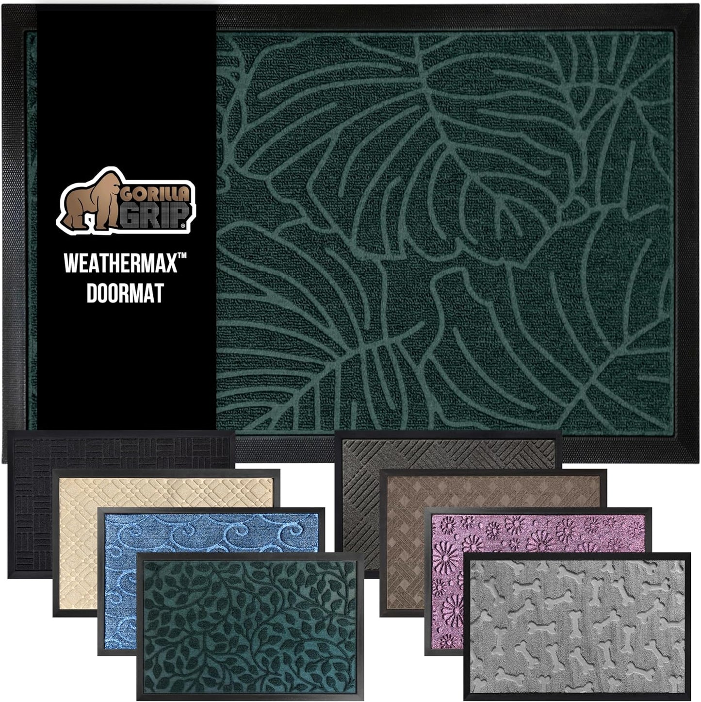 GORILLA GRIP 100% Waterproof All-Season WeatherMax Doormat, 72x24, US Designed Natural Rubber, Stain and Fade Resistant, Low Profile Indoor Outdoor Door Mats, Easy Clean Patio Mat, Green Palm
