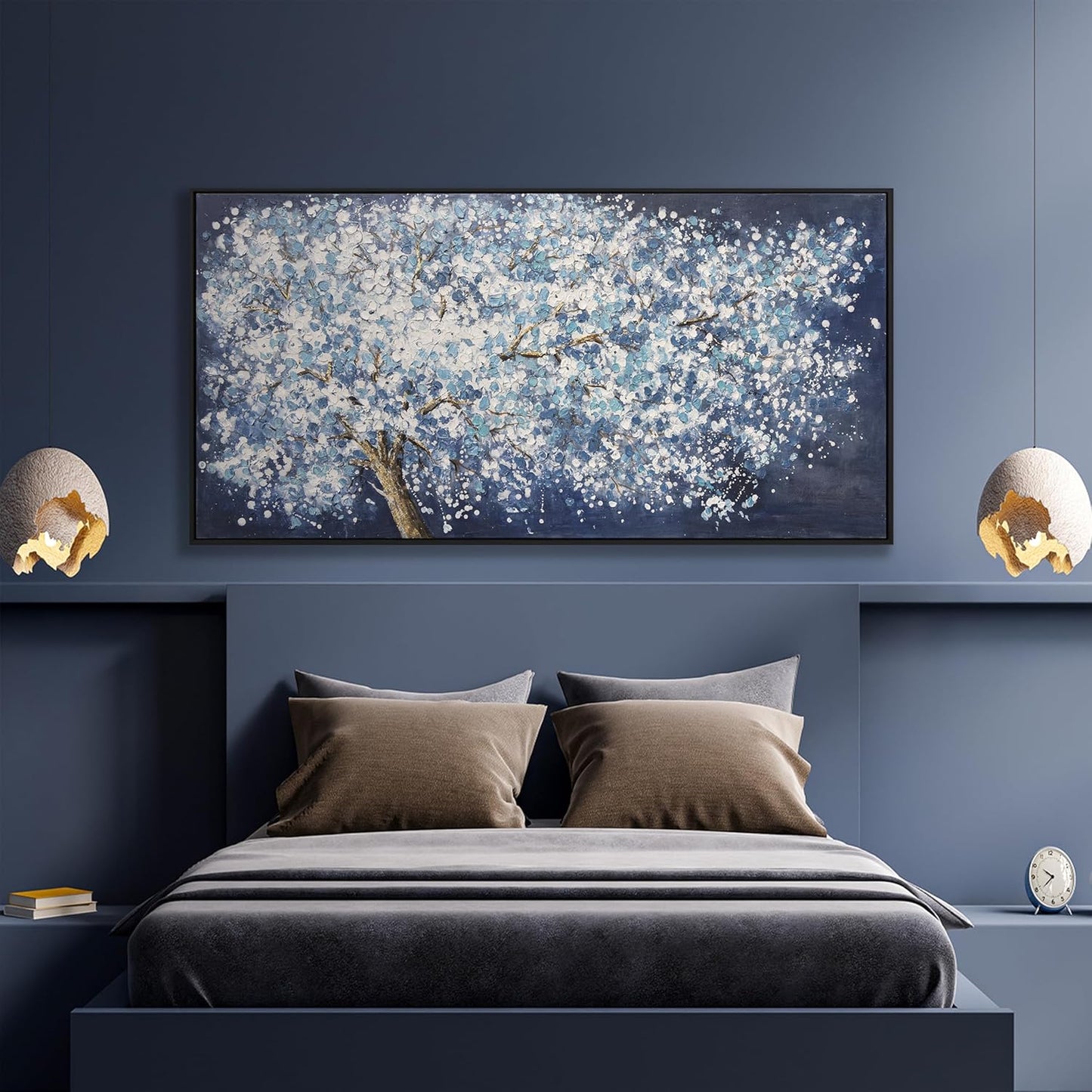 Modern Wall Art Nature Art Canvas Artwork Wall Decor Painting Dark Blue And White Abstract Tree Plants With Framed For Bedroom Living Room Dining Room Home Office Modern Abstract Artwork 24"×48"