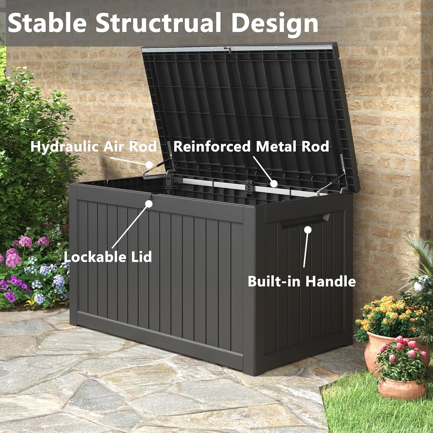 KAMABOKO 230 Gallon Outdoor Storage Box, Resin Deck Boxes Indoor and outdoor, Waterproof Storage Box Lockable Lid for Garden Tools, Package Delivery, Patio Cushions, Black