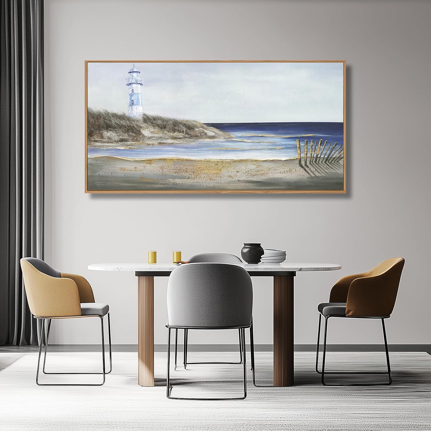 Yuaxker Ocean Wall Art Blue and Grey Wall Decor Framed Canvas Painting Coastal Aesthetic Artwork for Living Room Bedroom Dining Room Office Home Decor 24x48 Inch