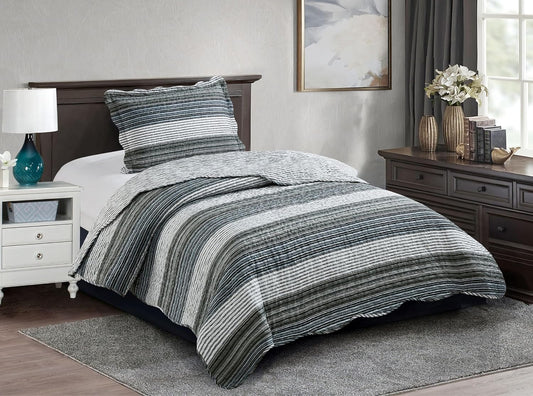 Brilliant Sunshine Multi Grey Stripes Patchwork, 2-Piece Quilt Set with 1 Sham, Reversible Bedspread, Soft Lightweight Coverlet, All-Season, Twin, Multi Grey