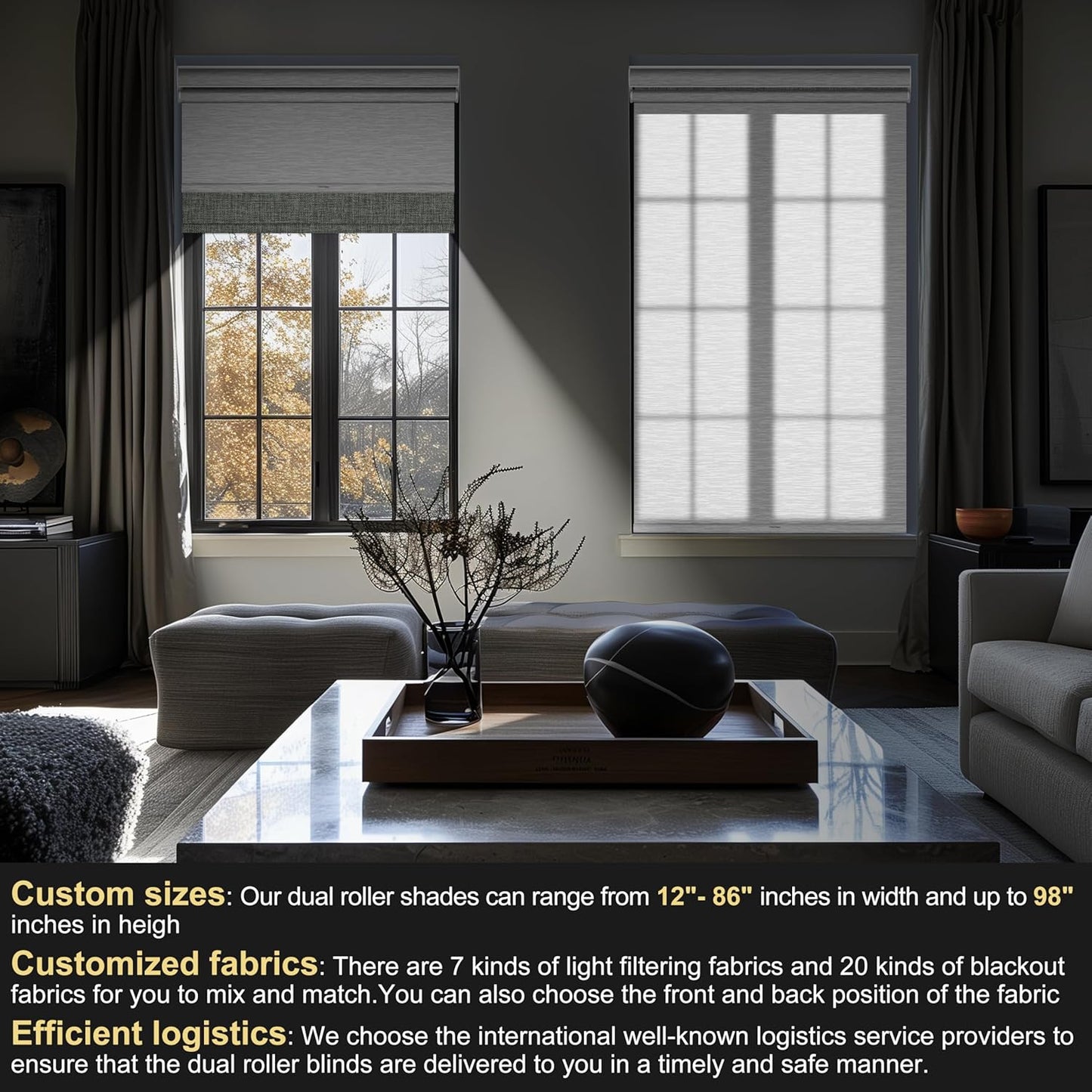 BERISSA Cordless Dual Roller Shades with Cassette Valance, Double Window Shades - Blackout and Light Filtering - Day and Night for Home Office Door. Linen Grey and White. 47 W x 44" H