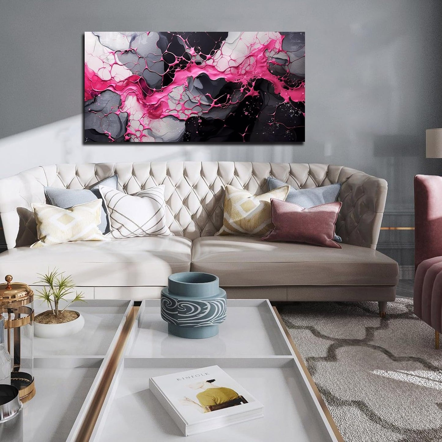 GUGIKA Pink Wall Art for Living Room, Abstract Canvas Wall Decor for Bedroom Decor, Modern Print Paintings, Size 24x48 Inches