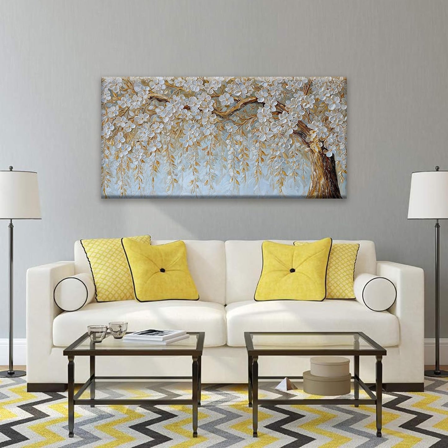Wall Art Living Room Flower White Tree Wall Art Modern Canvas Art Wall Decor Home Wall Decor Suitable Picture For Bedroom Apartment Office Can Be Hung 24" X 48"