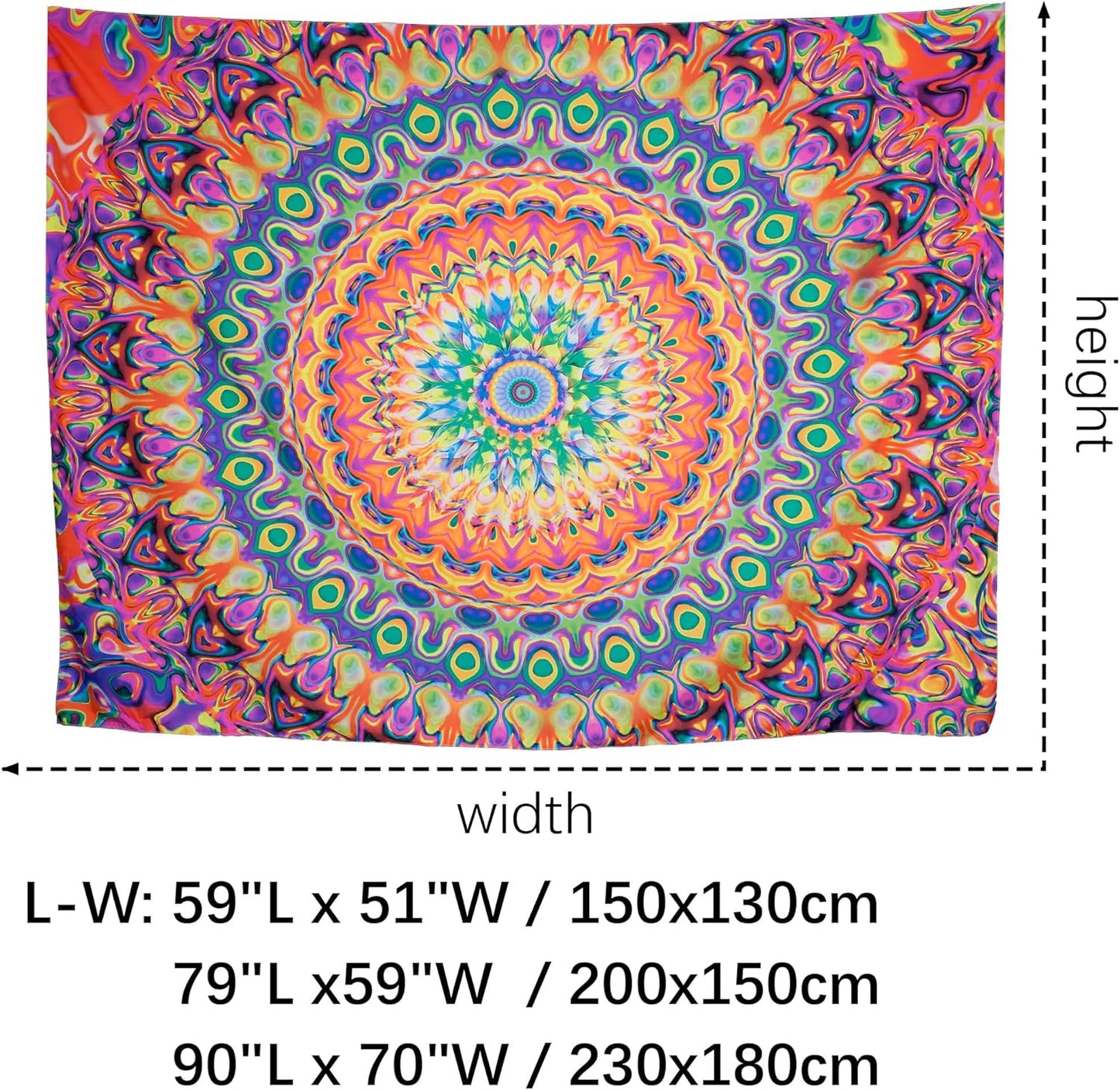 OSVINO Blacklight Colorful Mandala Tapestry 59"x51" Kaleidoscopic Trippy Room Decor Black Light Poster Bohemian Wall Decor for Bedroom Backdrop Decor