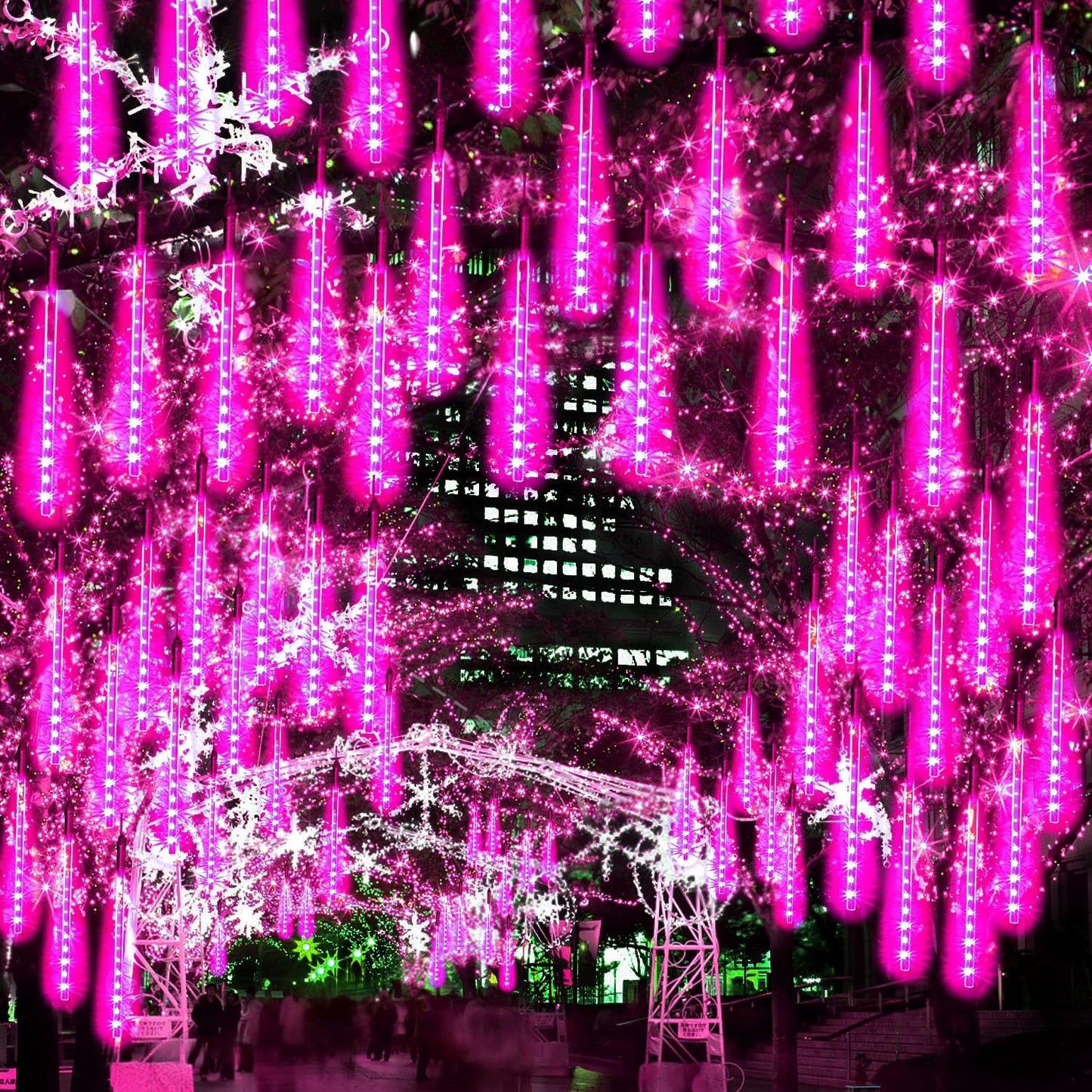 【4 Pack】 Christmas Meteor Shower Rain Lights 12inch, Totally 40 Tube 960 LEDs Icicle Lights Outdoor Raindrop Light for Xmas Halloween Wedding Party Tree Holiday Decoration, Pink