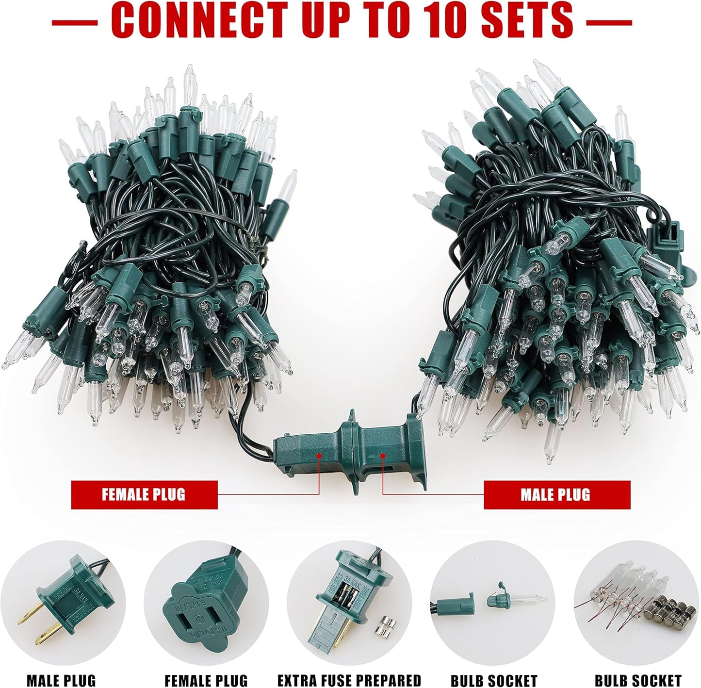 Hopolon 2-Pack 13ft 50-Count Warm White & Clear Green Christmas Lights - Connectable 120V UL Incandescent Mini Lights for Weddings, Bedrooms, Porches