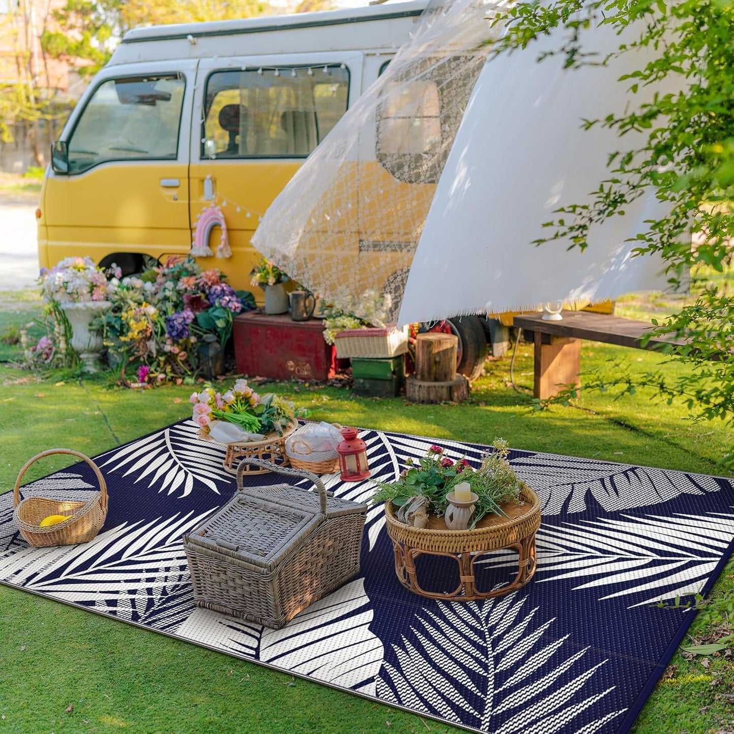 GENIMO Outdoor Rug 8' x 10' Waterproof for Patios Clearance, Reversible Outdoor Plastic Straw Camping Rug Carpet, Large Area Rugs Mats for RV, Camper, Deck, Balcony, Porch, Beach, Navy Blue&White