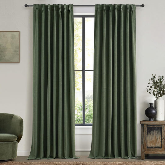 Dark Academia Decor Olive Green Textured Blackout Curtains Panels 108 Inches Lengh Large Window Extra Long Luxury Curtains for Living Room Flax Linen Drapes Pinch Pleated/Back Tab 9FT x2 Panels
