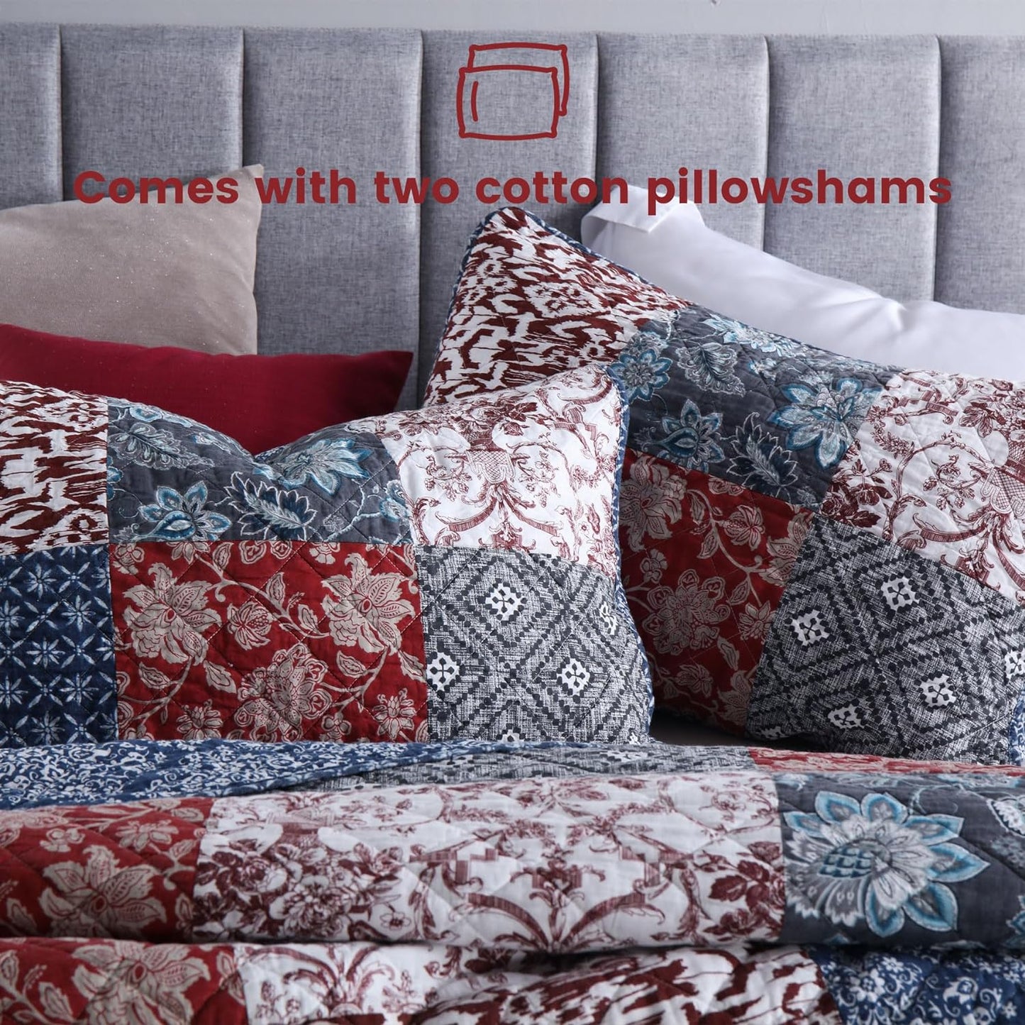 Secgo King Size Comforter Set- 100% Cotton Quilt King Size Set, Burgundy bedspreads (96 * 108 Inch) with 2 Pillow Shams, Patchwork Reversible Lightweight Bedding