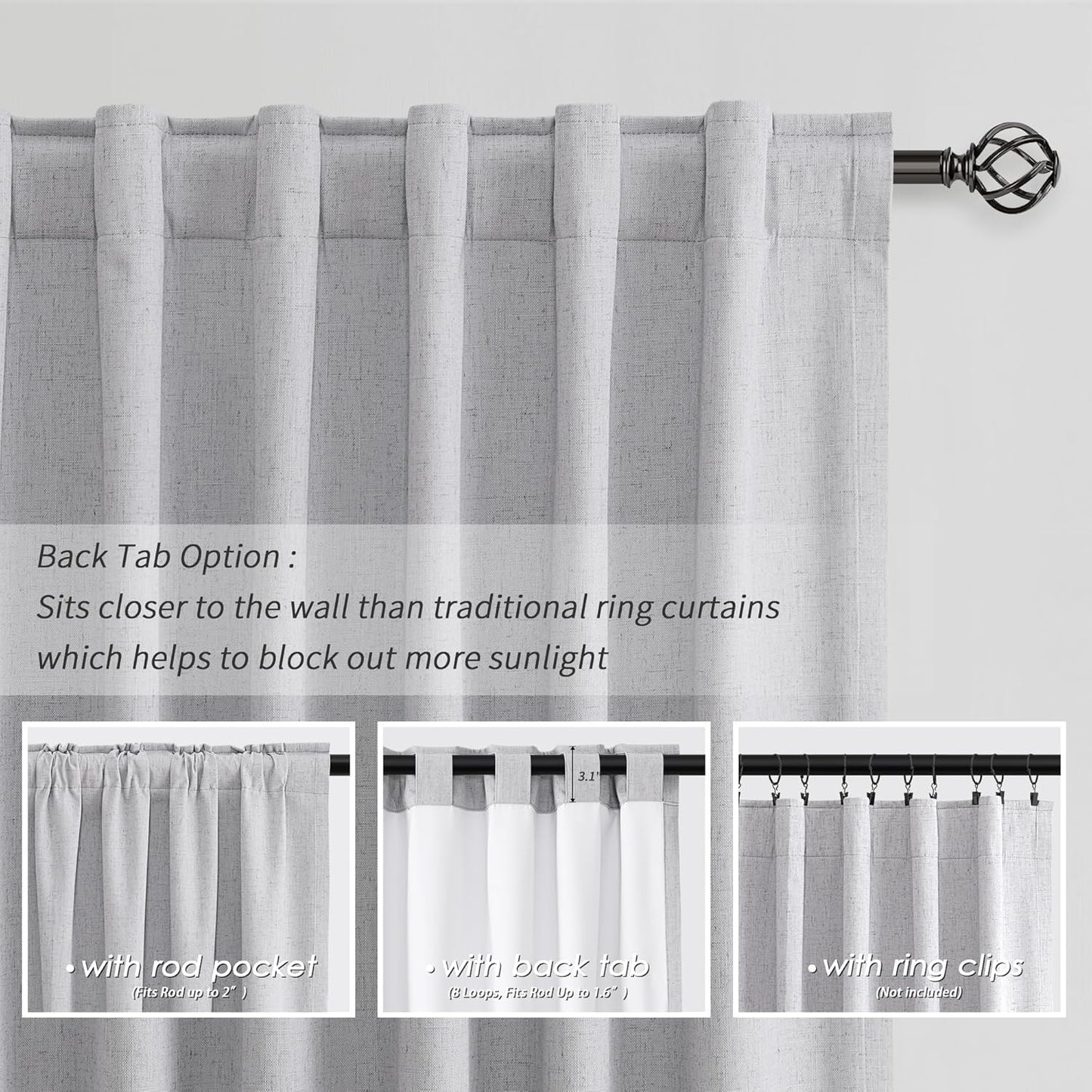 Gray Thermal Insulated Linen Curtains 90 Inches Long 2 Panels Back Tab Light Grey 100% Black Out Room Darkening Window Drapes Modern Thick Blackout Curtains for Bedroom Living Room Noise Reducing