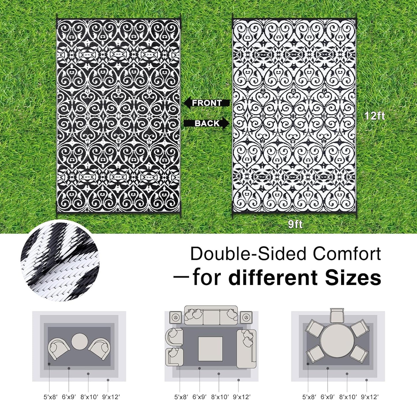 OLANLY Outdoor Rug Waterproof 9x12 ft Clearance, Reversible Outdoor Plastic Straw Rug with Floral Pattern, RV Mat for Patio, Camping, Balcony, Deck, Backyard, Black & White