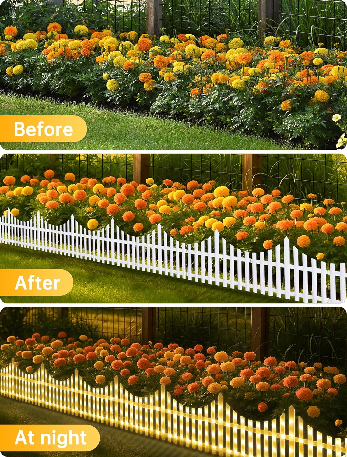 Hopolon 8 Pack White Picket Fence for Garden, 11.1in (H) X 9.1ft (L) Garden Fence Border with 144 Led Solar Lights and Remote, Decorative Mini Pocket Fence for Small Flower Path Tree Yard Pet Barrier