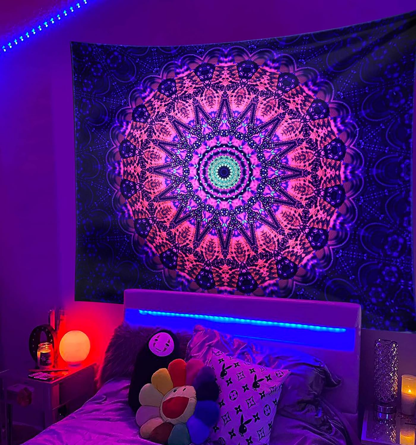 ADDWel Blacklight Mandala Boho Tapestry Glow In The Dark, Black Light Bohemian Hippie Poster Wall Hanging for Bedroom Aesthetic Wall and Room Decor (60" x 80", Mandala)