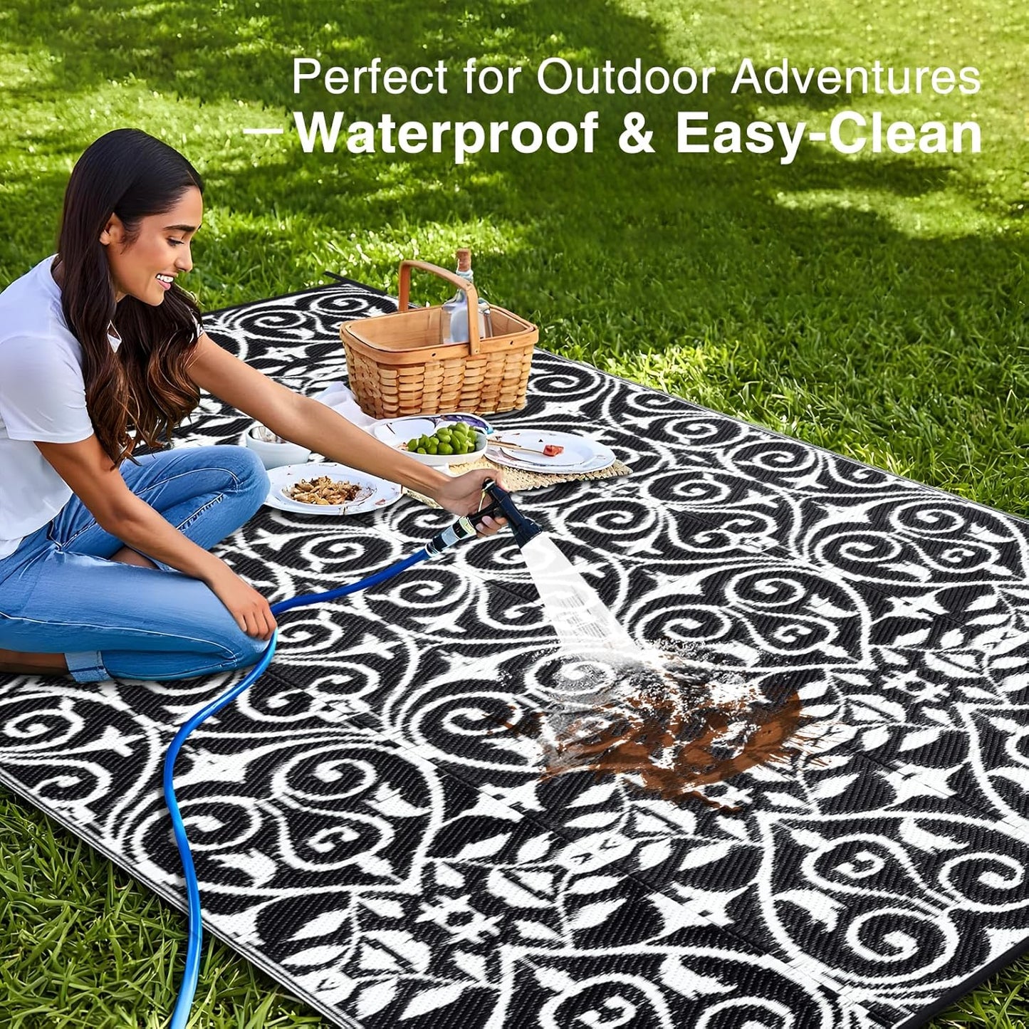 OLANLY Outdoor Rug Waterproof 9x12 ft Clearance, Reversible Outdoor Plastic Straw Rug with Floral Pattern, RV Mat for Patio, Camping, Balcony, Deck, Backyard, Black & White