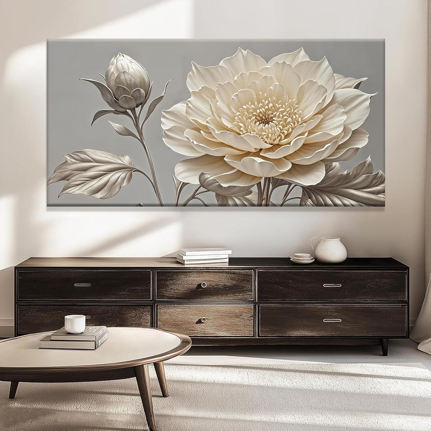QSQ Large Wall Art Living Room Home Wall Decor Modern Canvas Art Wall Decor 29 X 58 Inches White Flower Wall Art Painting Print Elegant Silver White Flower Picture For Bedroom Office Artwork