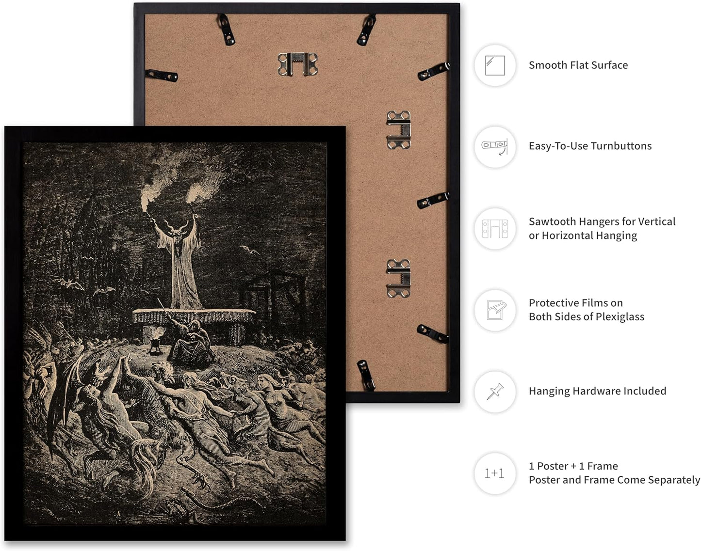 Poster Master Vintage Gustave Dore Poster - Retro Illustration Print - Gift for Gothic, Horror Fan - Dance of Sabbath, Witch, Magic, Spell - Wall Decor for Bedroom, Dorm, 11x14 Black Framed