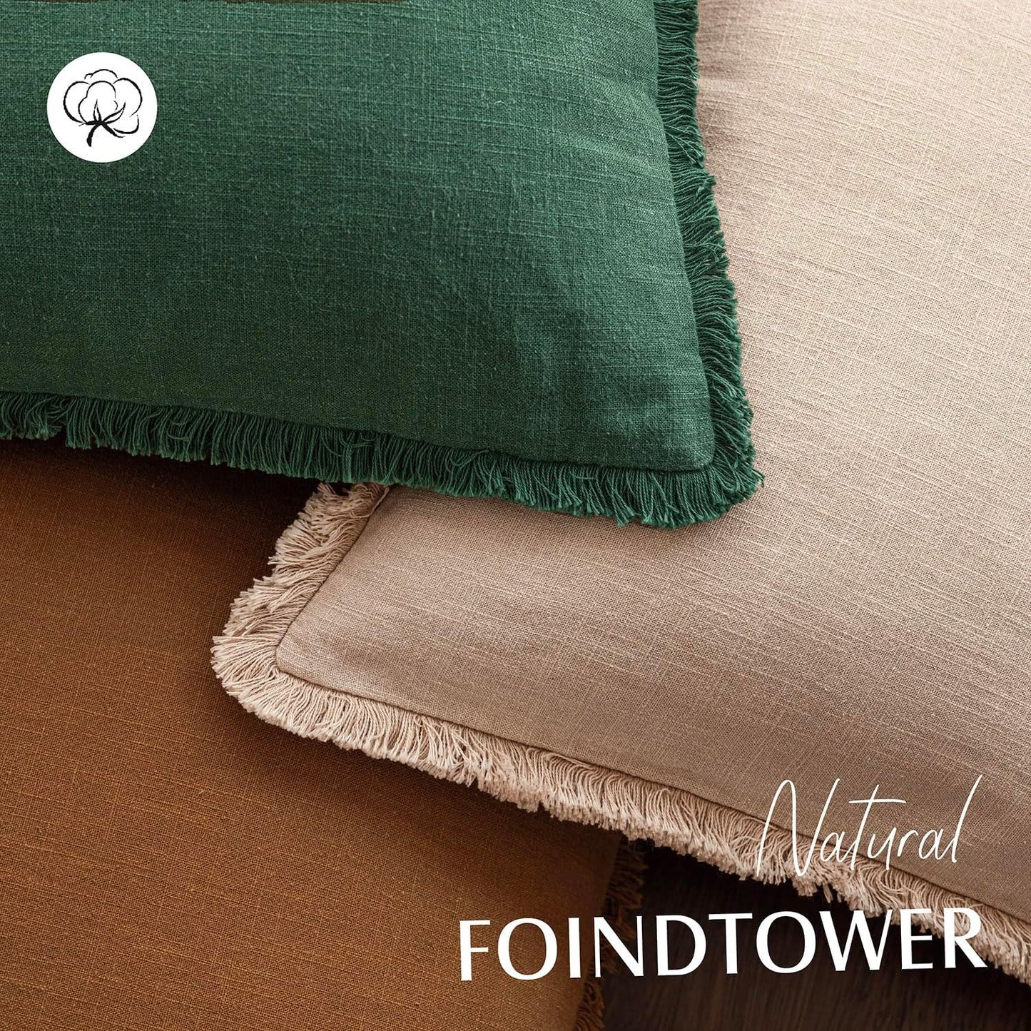 Foindtower Set of 2 Decorative Linen Fringe Throw Pillow Covers Cozy Boho Farmhouse Cushion Cover with Tassels Soft Accent Pillowcase for Couch Sofa Bed Living Room Home Decor, 24×24 Inch, Pine Green