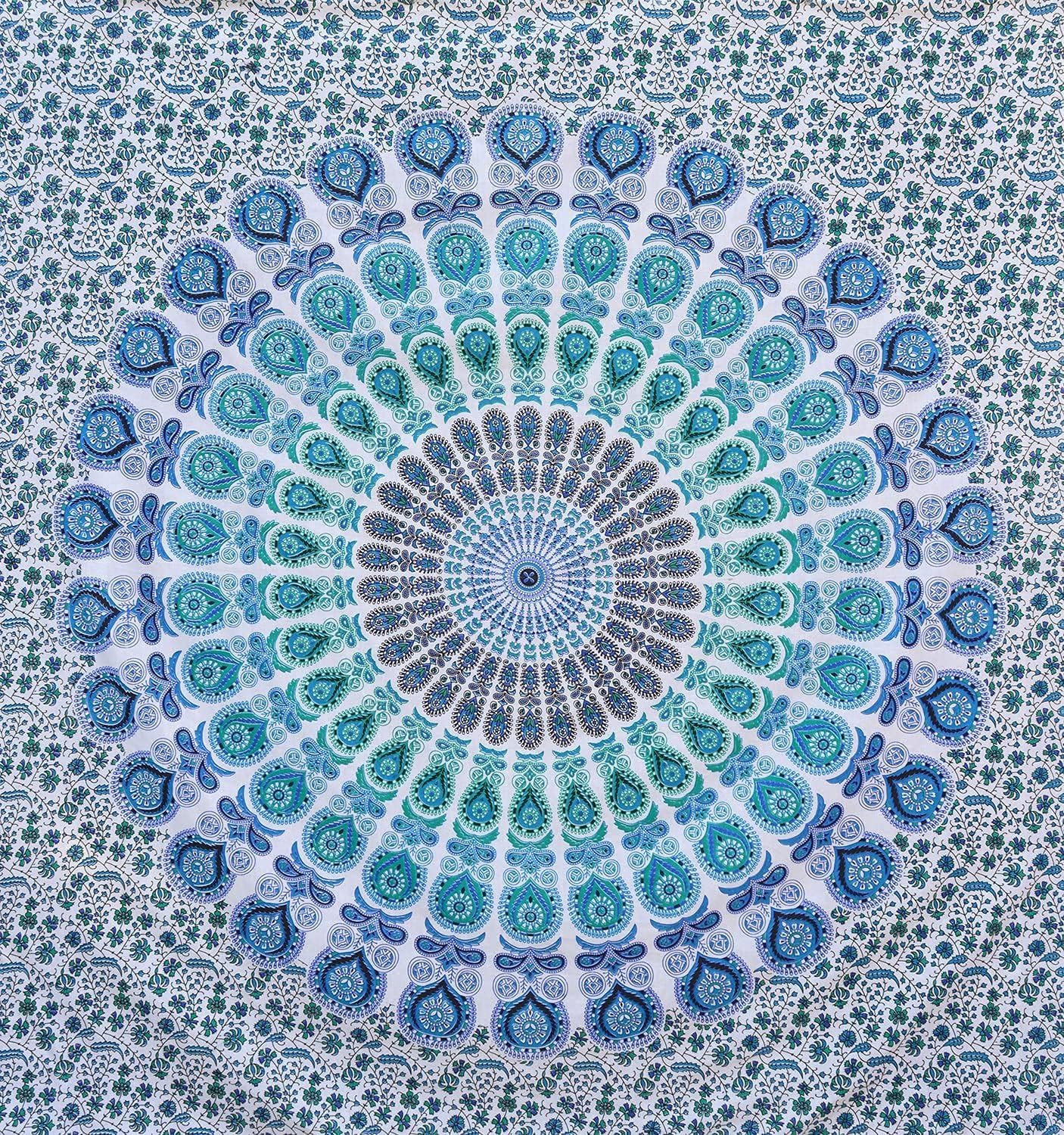 Bless International Handmade Indian hippie Bohemian Psychedelic Peacock Mandala Wall hanging College Dorm Beach Throws Table Cloth Bedding Tapestry (Peacock Sky Blue, King(88x104Inches)(225x265Cms))