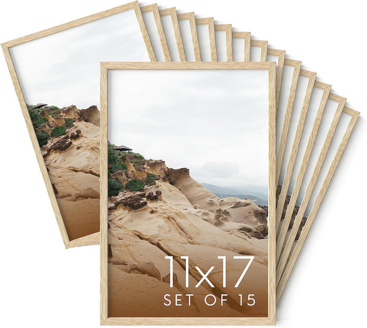 Haus and Hues 11x17 Natural Oak Wood Picture Frames Set of 15 - Premium Bulk Picture Frames 11x17 Bundle - Elegant Gallery Wall Frame Set for Posters, Art Display - Ideal for Wall Decor in Home &